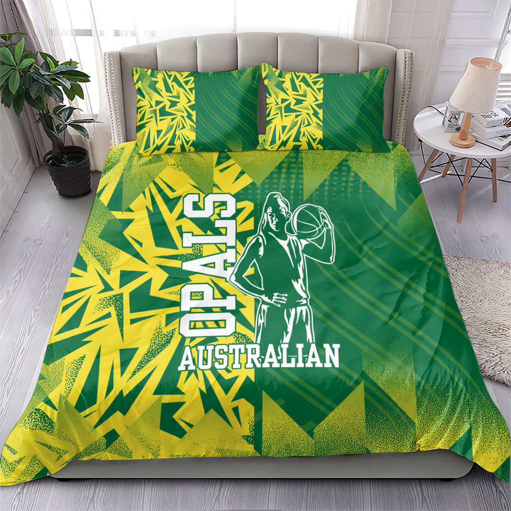 Australian Opals Basketball Bedding Set Geometric Tribal Pattern In Green And Gold Athletic Art