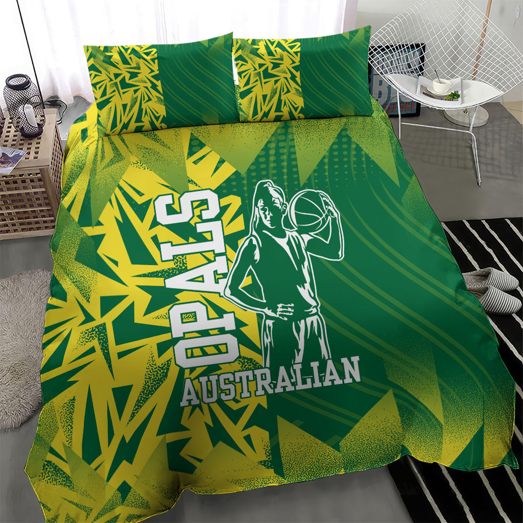 Australian Opals Basketball Bedding Set Geometric Tribal Pattern In Green And Gold Athletic Art