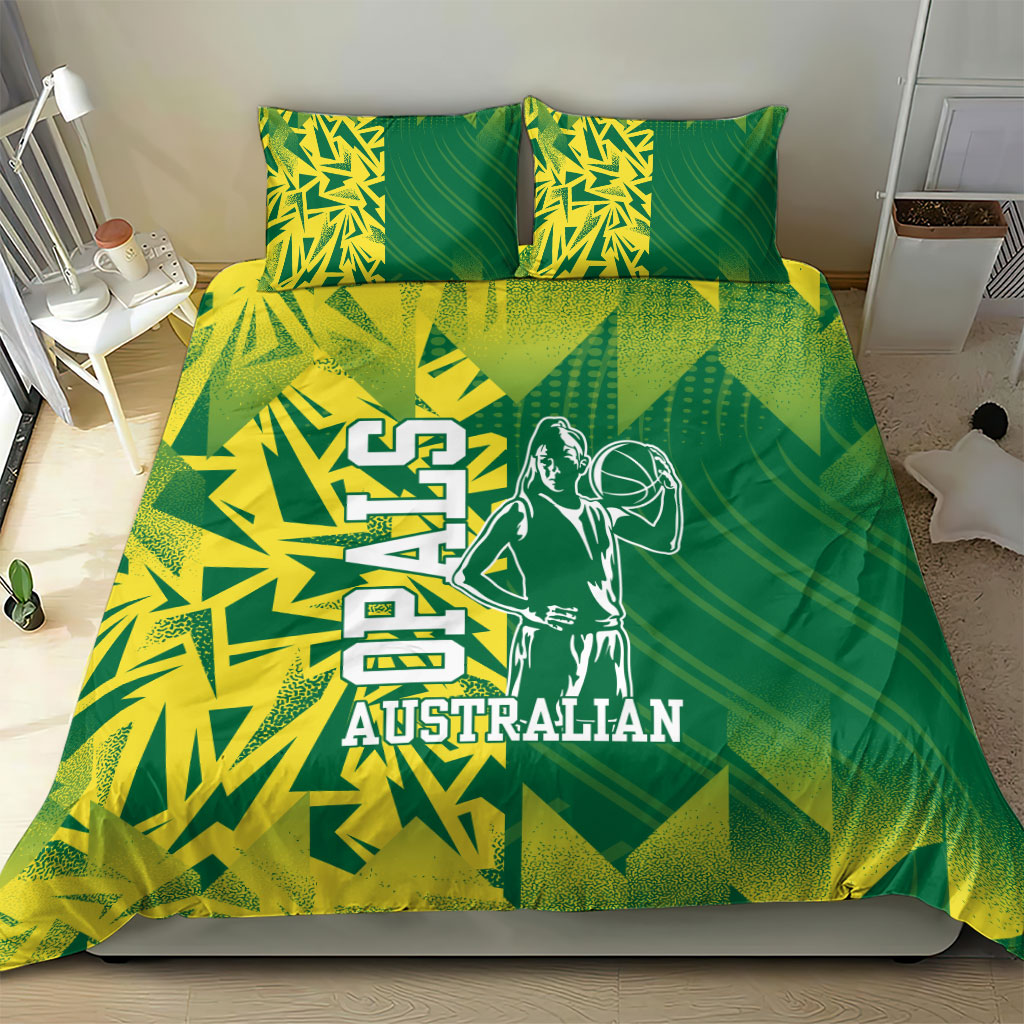 Australian Opals Basketball Bedding Set Geometric Tribal Pattern In Green And Gold Athletic Art