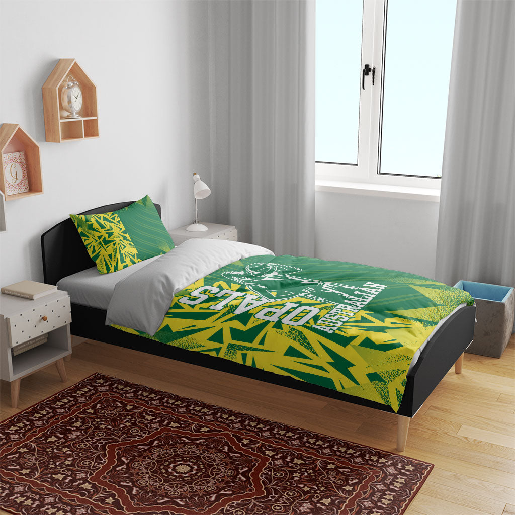 Australian Opals Basketball Bedding Set Geometric Tribal Pattern In Green And Gold Athletic Art