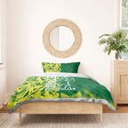 Australian Opals Basketball Bedding Set Geometric Tribal Pattern In Green And Gold Athletic Art