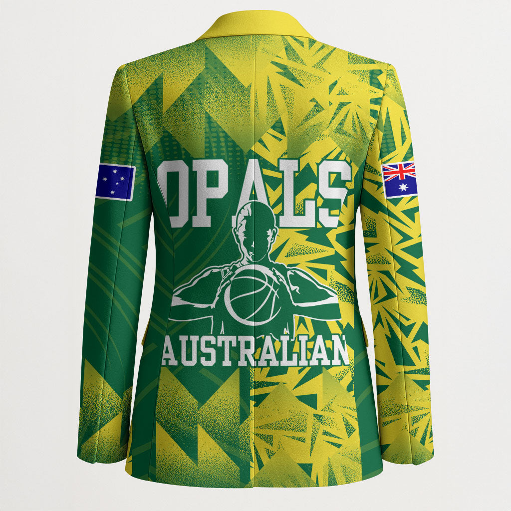 Australian Opals Basketball Blazer Geometric Tribal Pattern In Green And Gold Athletic Art