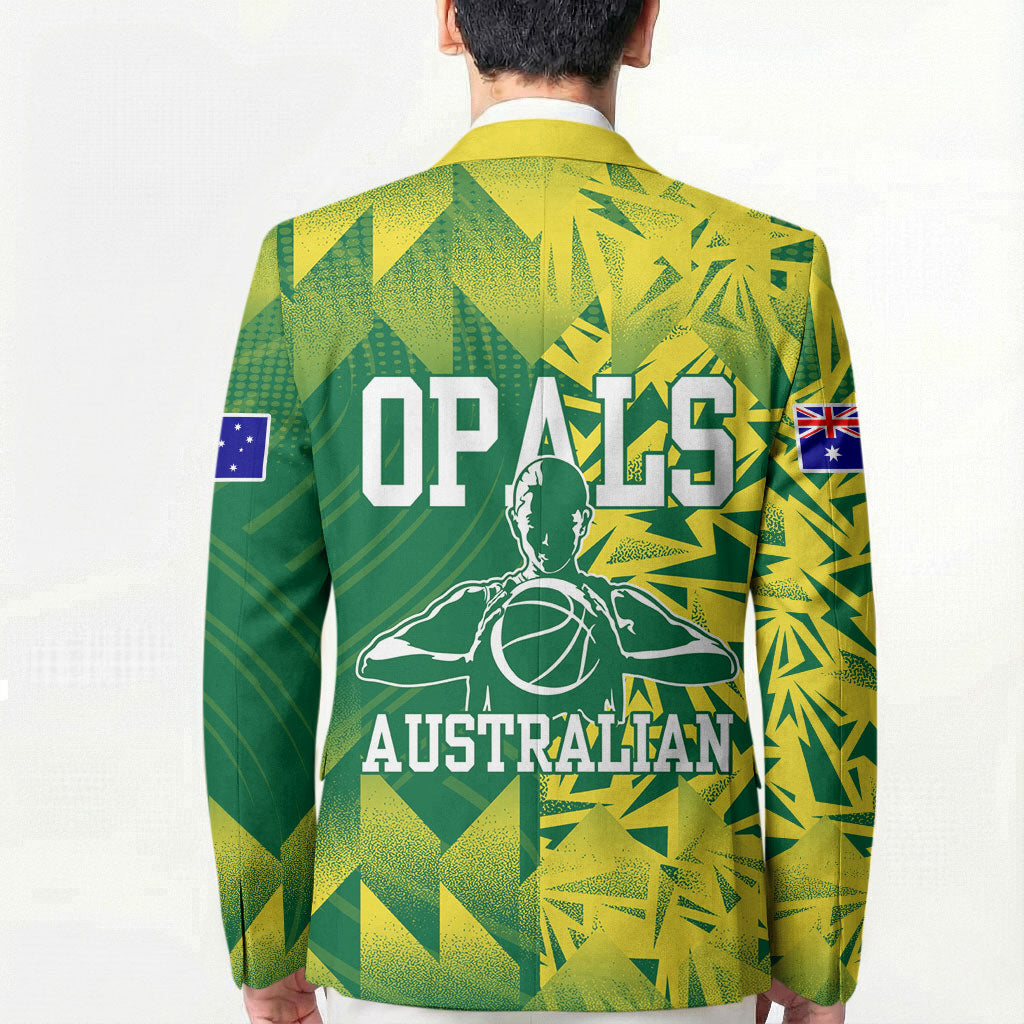 Australian Opals Basketball Blazer Geometric Tribal Pattern In Green And Gold Athletic Art