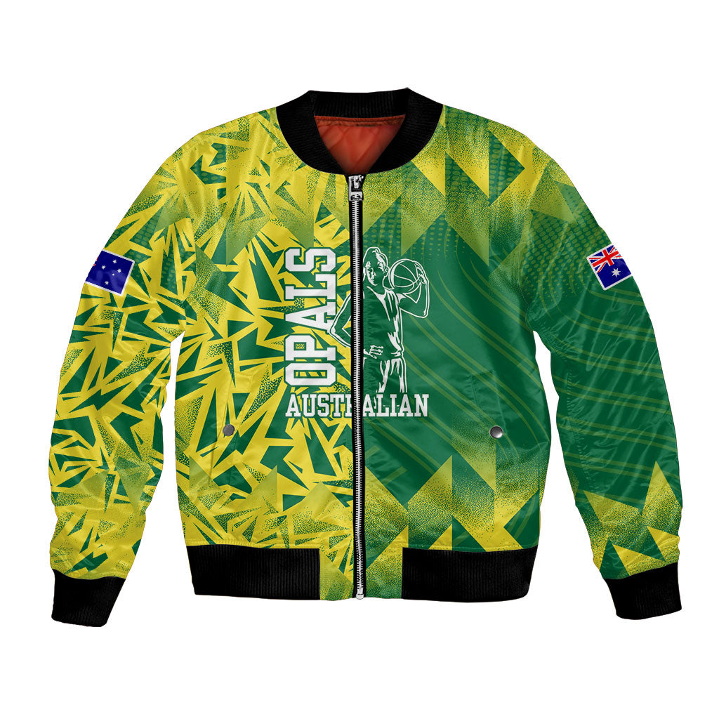 Australian Opals Basketball Bomber Jacket Geometric Tribal Pattern In Green And Gold Athletic Art