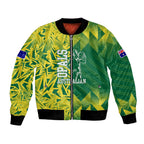 Australian Opals Basketball Bomber Jacket Geometric Tribal Pattern In Green And Gold Athletic Art