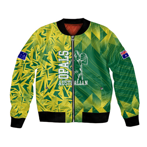 Australian Opals Basketball Bomber Jacket Geometric Tribal Pattern In Green And Gold Athletic Art