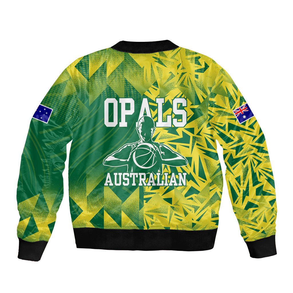 Australian Opals Basketball Bomber Jacket Geometric Tribal Pattern In Green And Gold Athletic Art