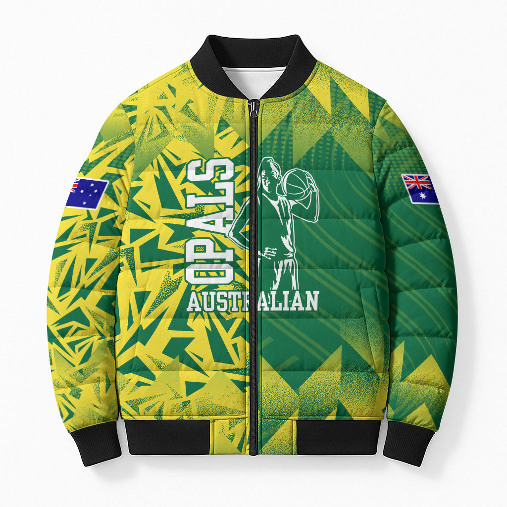 Australian Opals Basketball Bomber Puffer Jacket Geometric Tribal Pattern In Green And Gold Athletic Art