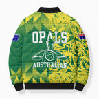 Australian Opals Basketball Bomber Puffer Jacket Geometric Tribal Pattern In Green And Gold Athletic Art