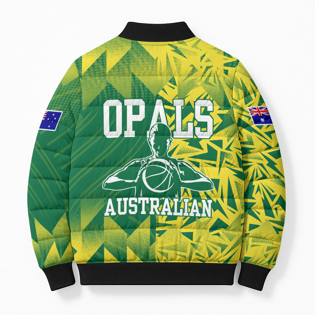 Australian Opals Basketball Bomber Puffer Jacket Geometric Tribal Pattern In Green And Gold Athletic Art