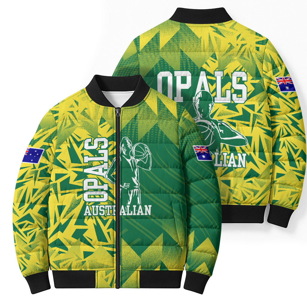 Australian Opals Basketball Bomber Puffer Jacket Geometric Tribal Pattern In Green And Gold Athletic Art