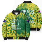 Australian Opals Basketball Bomber Puffer Jacket Geometric Tribal Pattern In Green And Gold Athletic Art