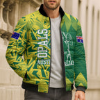 Australian Opals Basketball Bomber Puffer Jacket Geometric Tribal Pattern In Green And Gold Athletic Art