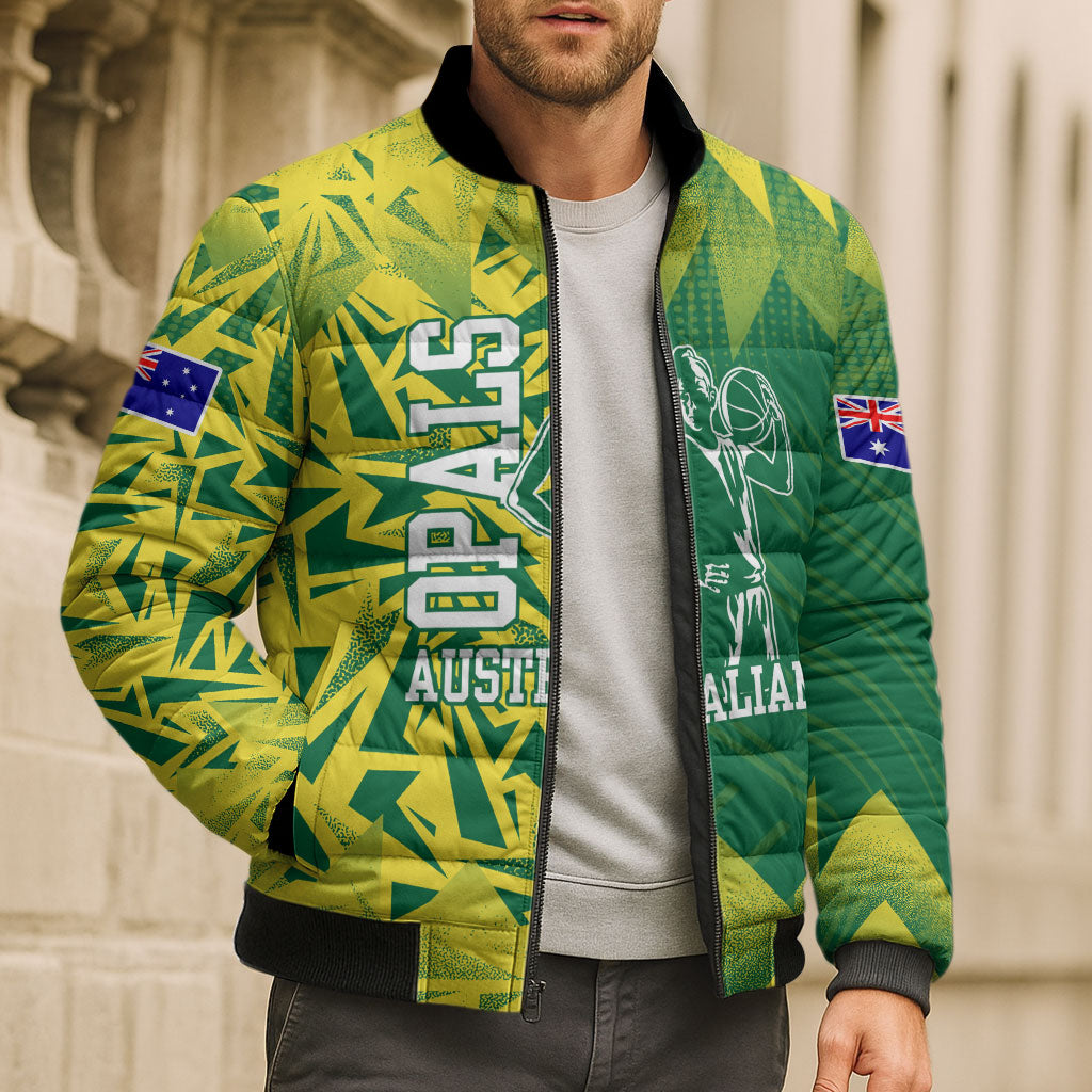 Australian Opals Basketball Bomber Puffer Jacket Geometric Tribal Pattern In Green And Gold Athletic Art