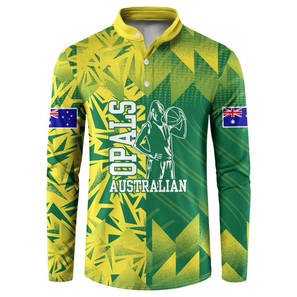 Australian Opals Basketball Button Sweatshirt Geometric Tribal Pattern In Green And Gold Athletic Art