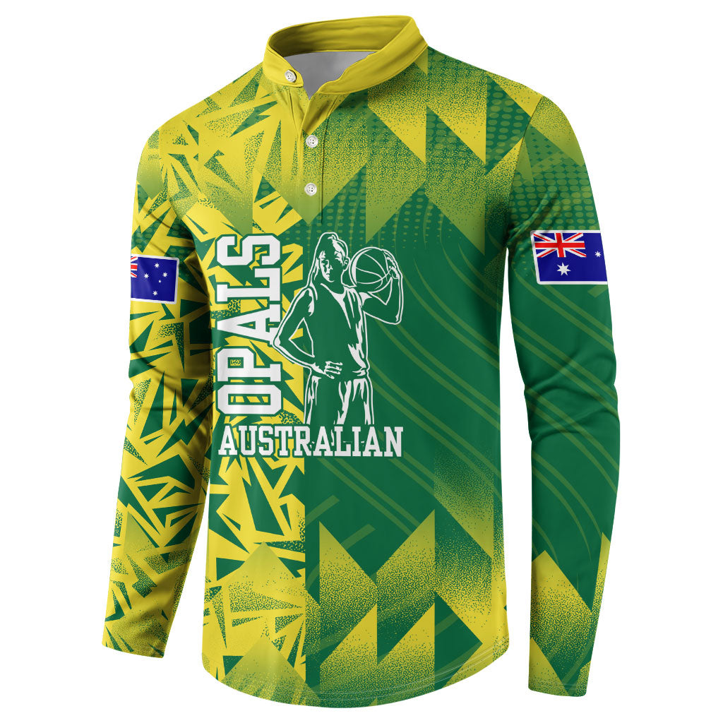 Australian Opals Basketball Button Sweatshirt Geometric Tribal Pattern In Green And Gold Athletic Art