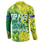 Australian Opals Basketball Button Sweatshirt Geometric Tribal Pattern In Green And Gold Athletic Art