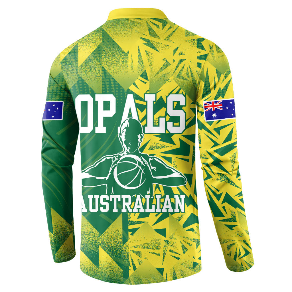 Australian Opals Basketball Button Sweatshirt Geometric Tribal Pattern In Green And Gold Athletic Art
