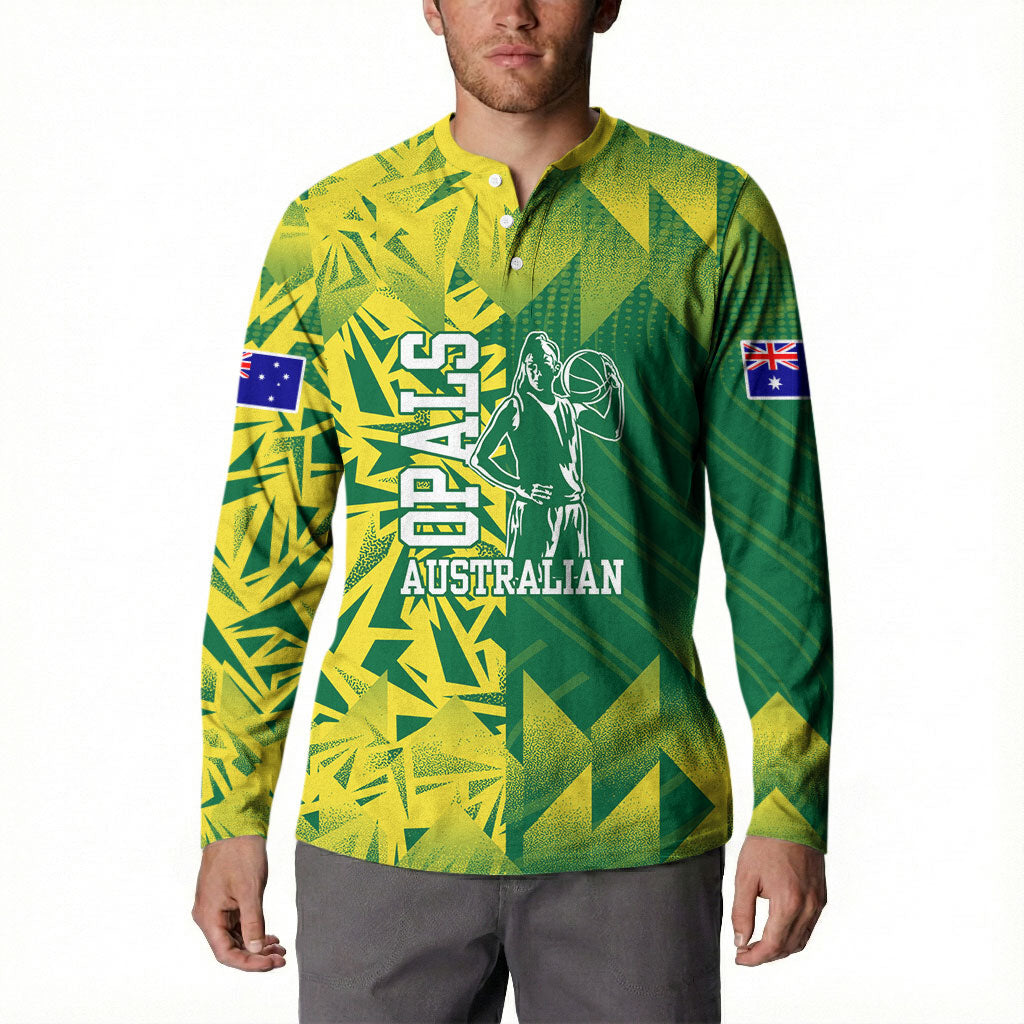 Australian Opals Basketball Button Sweatshirt Geometric Tribal Pattern In Green And Gold Athletic Art