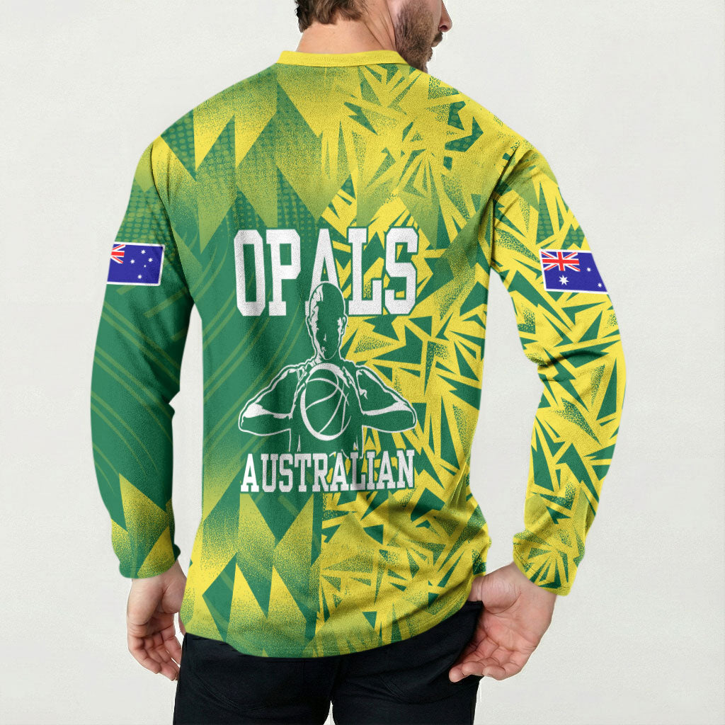 Australian Opals Basketball Button Sweatshirt Geometric Tribal Pattern In Green And Gold Athletic Art