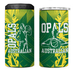 Australian Opals Basketball 4 in 1 Can Cooler Tumbler Geometric Tribal Pattern In Green And Gold Athletic Art