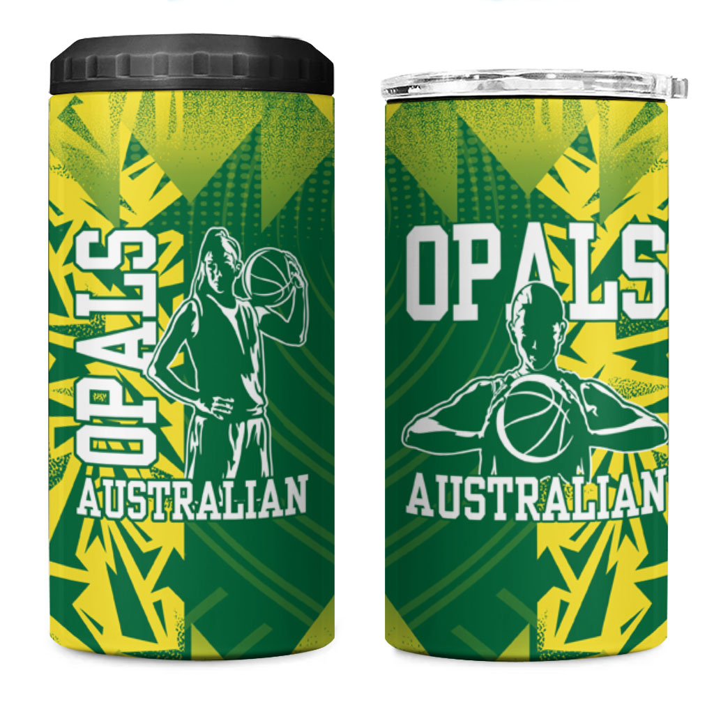 Australian Opals Basketball 4 in 1 Can Cooler Tumbler Geometric Tribal Pattern In Green And Gold Athletic Art
