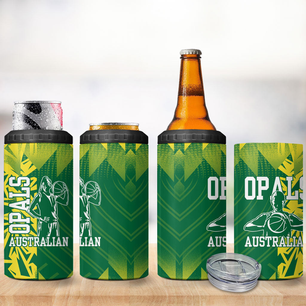 Australian Opals Basketball 4 in 1 Can Cooler Tumbler Geometric Tribal Pattern In Green And Gold Athletic Art