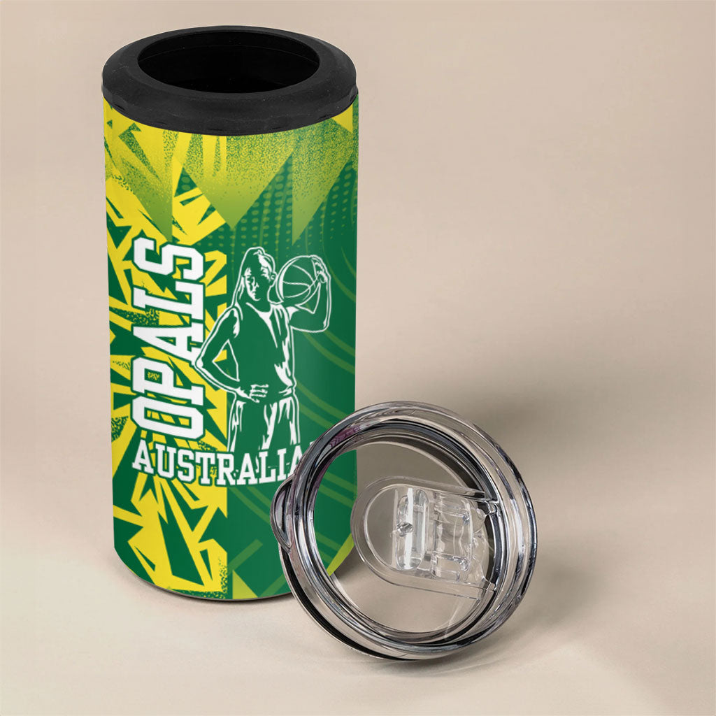 Australian Opals Basketball 4 in 1 Can Cooler Tumbler Geometric Tribal Pattern In Green And Gold Athletic Art
