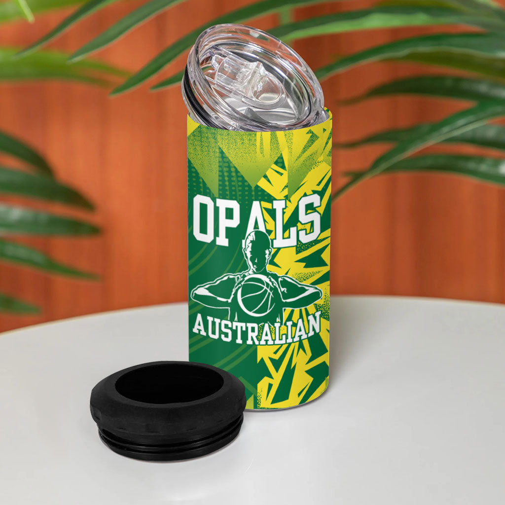 Australian Opals Basketball 4 in 1 Can Cooler Tumbler Geometric Tribal Pattern In Green And Gold Athletic Art