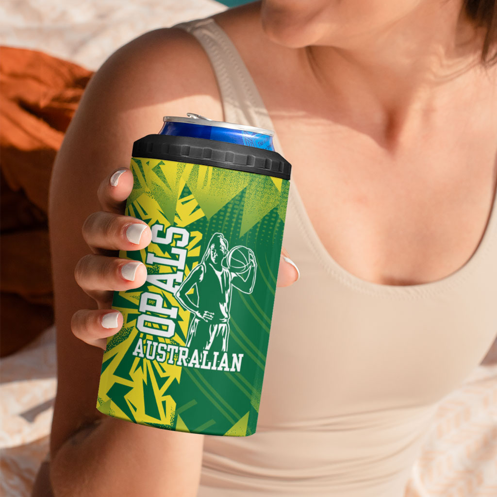 Australian Opals Basketball 4 in 1 Can Cooler Tumbler Geometric Tribal Pattern In Green And Gold Athletic Art