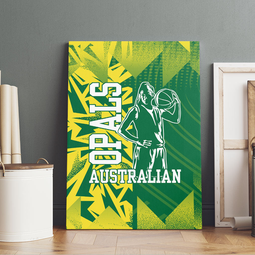 Australian Opals Basketball Canvas Wall Art Geometric Tribal Pattern In Green And Gold Athletic Art