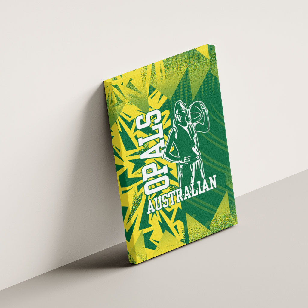 Australian Opals Basketball Canvas Wall Art Geometric Tribal Pattern In Green And Gold Athletic Art