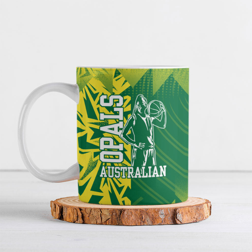 Australian Opals Basketball Ceramic Mug Geometric Tribal Pattern In Green And Gold Athletic Art