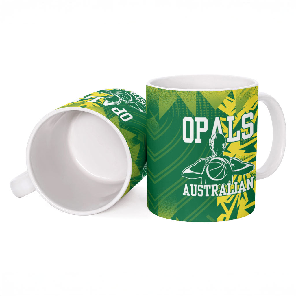 Australian Opals Basketball Ceramic Mug Geometric Tribal Pattern In Green And Gold Athletic Art