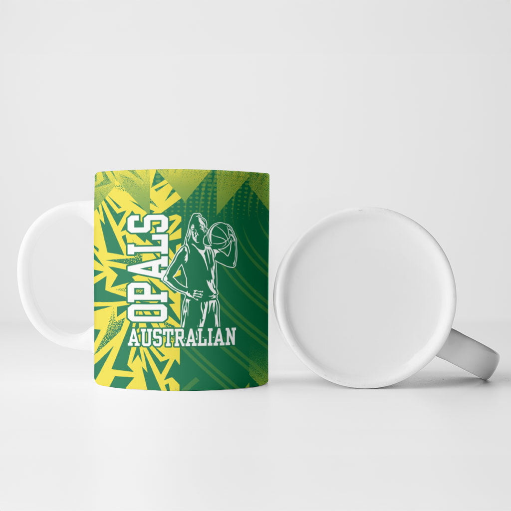 Australian Opals Basketball Ceramic Mug Geometric Tribal Pattern In Green And Gold Athletic Art