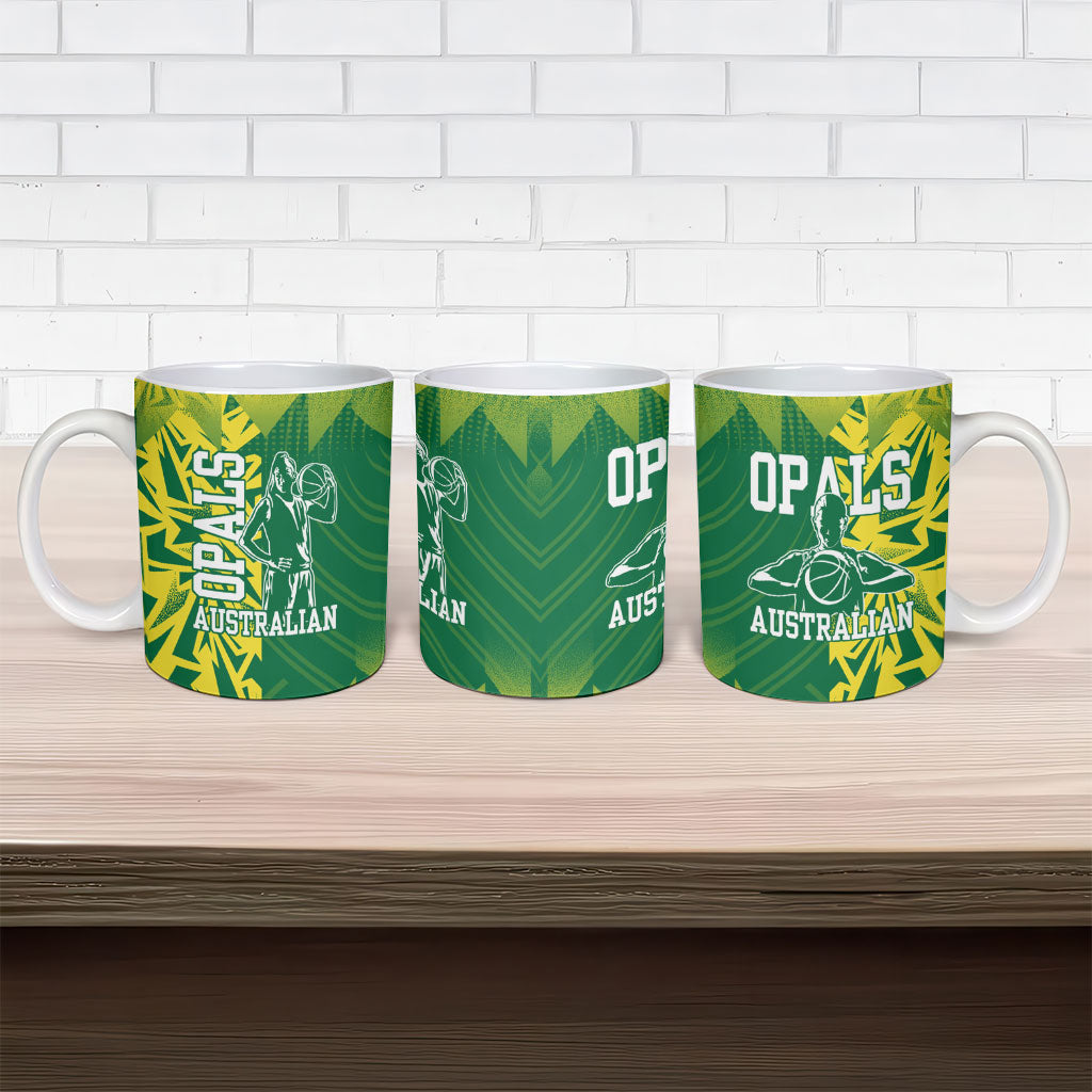 Australian Opals Basketball Ceramic Mug Geometric Tribal Pattern In Green And Gold Athletic Art