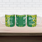 Australian Opals Basketball Ceramic Mug Geometric Tribal Pattern In Green And Gold Athletic Art