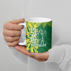 Australian Opals Basketball Ceramic Mug Geometric Tribal Pattern In Green And Gold Athletic Art