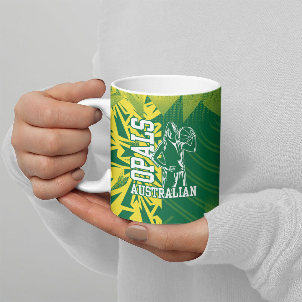 Australian Opals Basketball Ceramic Mug Geometric Tribal Pattern In Green And Gold Athletic Art