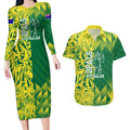 Australian Opals Basketball Couples Matching Long Sleeve Bodycon Dress and Hawaiian Shirt Geometric Tribal Pattern In Green And Gold Athletic Art