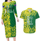 Australian Opals Basketball Couples Matching Long Sleeve Bodycon Dress and Hawaiian Shirt Geometric Tribal Pattern In Green And Gold Athletic Art
