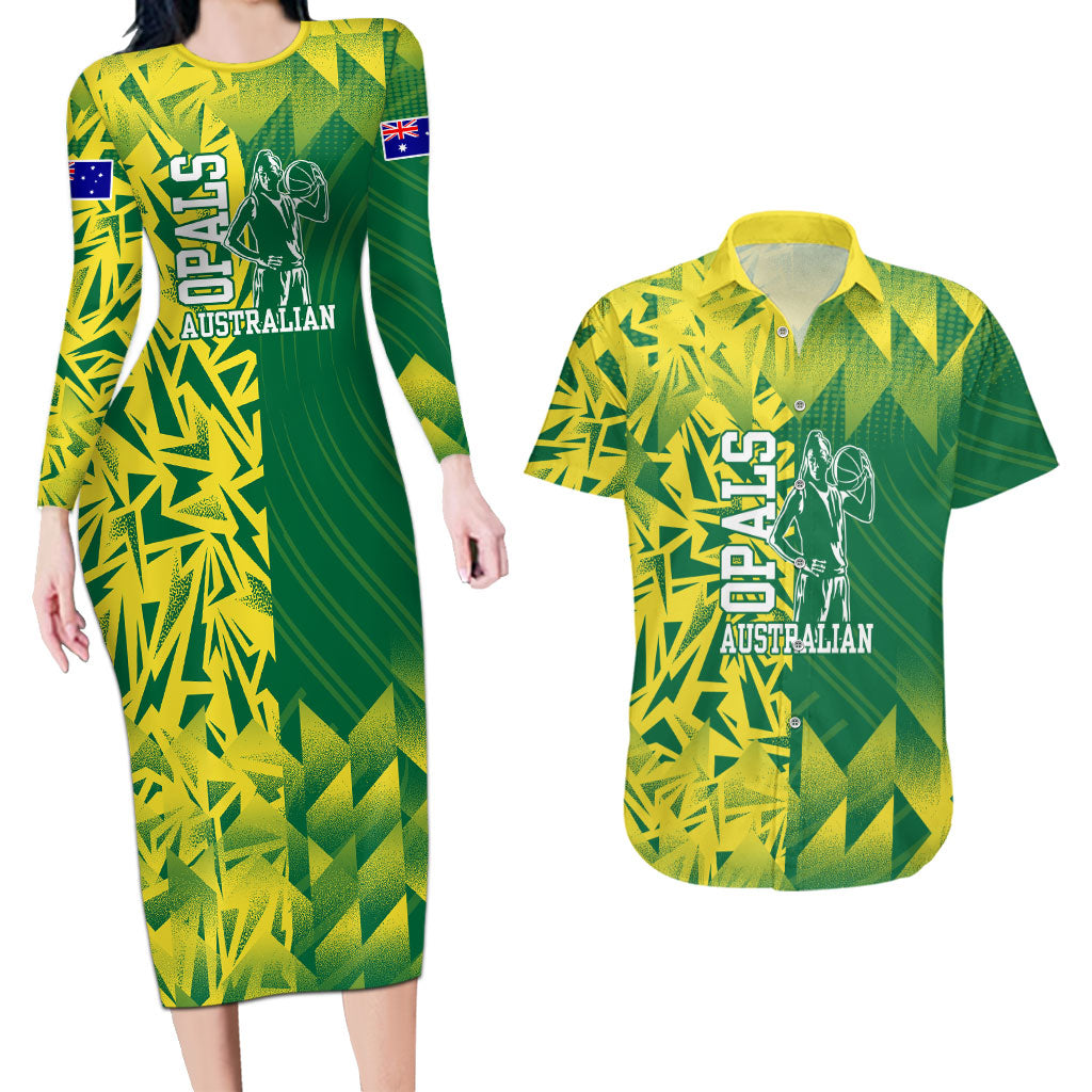 Australian Opals Basketball Couples Matching Long Sleeve Bodycon Dress and Hawaiian Shirt Geometric Tribal Pattern In Green And Gold Athletic Art