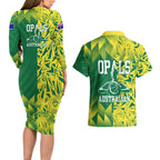 Australian Opals Basketball Couples Matching Long Sleeve Bodycon Dress and Hawaiian Shirt Geometric Tribal Pattern In Green And Gold Athletic Art