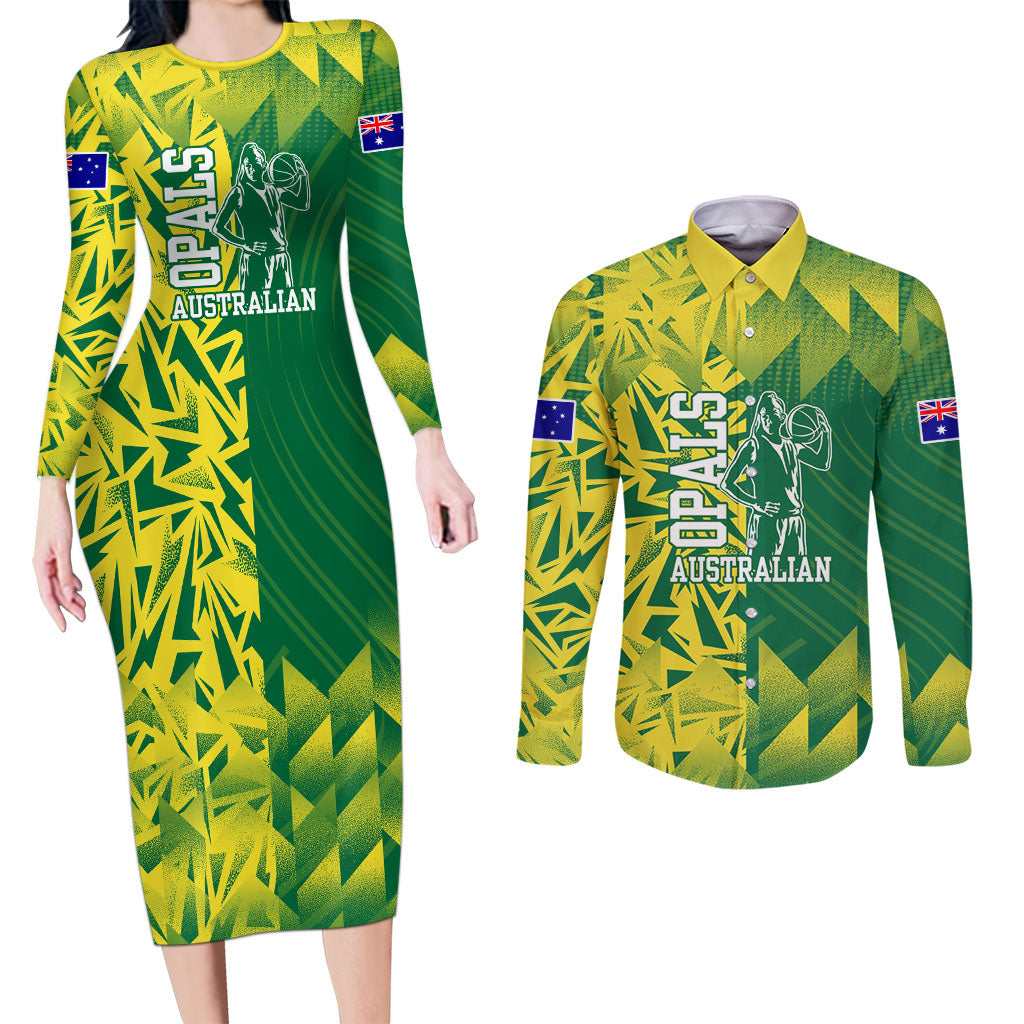 Australian Opals Basketball Couples Matching Long Sleeve Bodycon Dress and Long Sleeve Button Shirt Geometric Tribal Pattern In Green And Gold Athletic Art