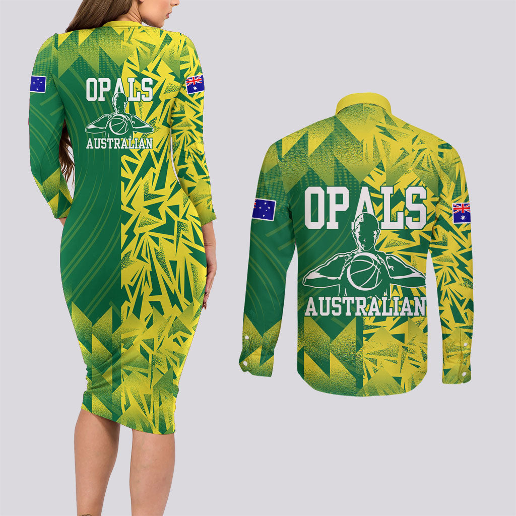Australian Opals Basketball Couples Matching Long Sleeve Bodycon Dress and Long Sleeve Button Shirt Geometric Tribal Pattern In Green And Gold Athletic Art