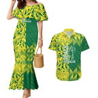 Australian Opals Basketball Couples Matching Mermaid Dress and Hawaiian Shirt Geometric Tribal Pattern In Green And Gold Athletic Art