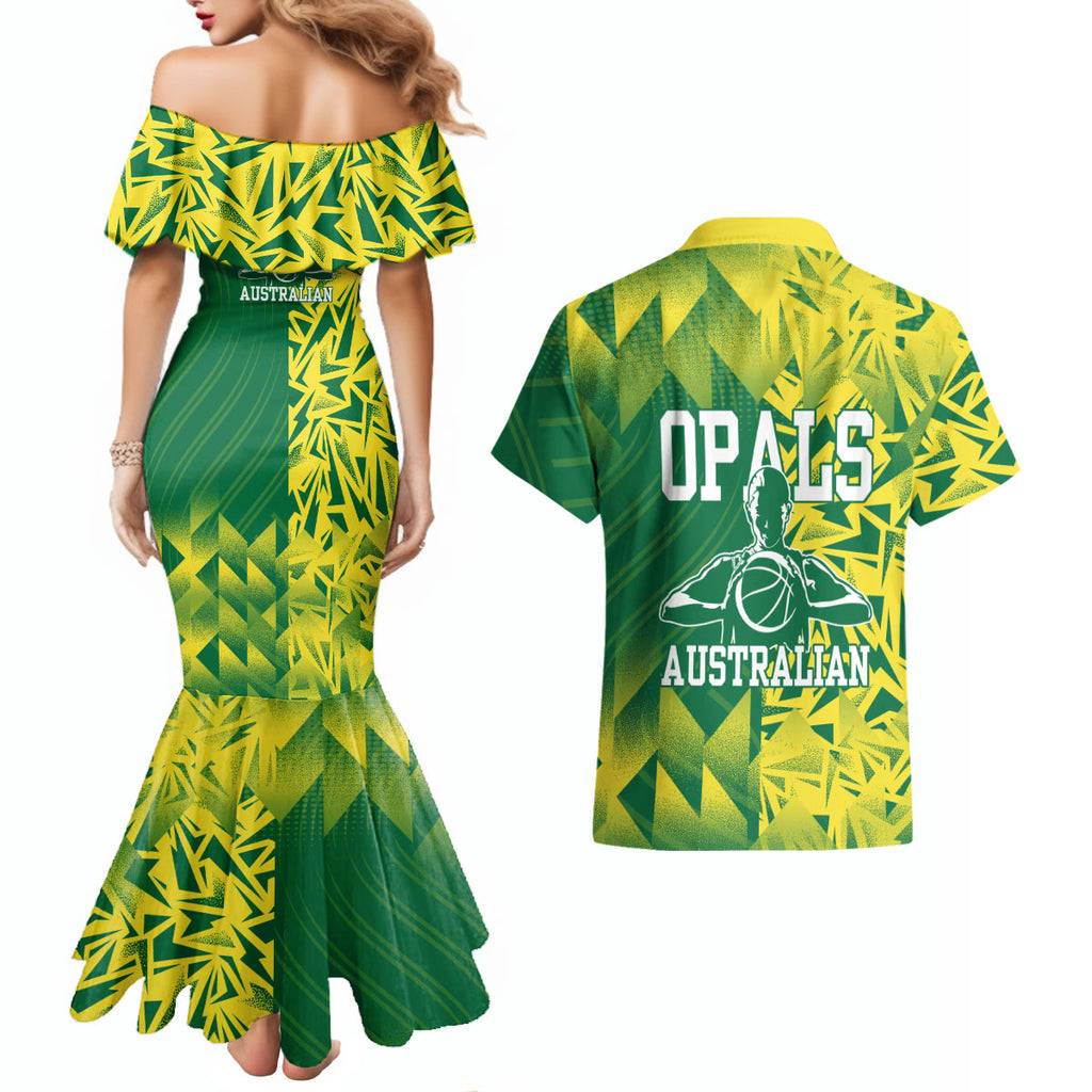 Australian Opals Basketball Couples Matching Mermaid Dress and Hawaiian Shirt Geometric Tribal Pattern In Green And Gold Athletic Art