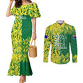 Australian Opals Basketball Couples Matching Mermaid Dress and Long Sleeve Button Shirt Geometric Tribal Pattern In Green And Gold Athletic Art