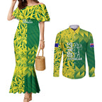Australian Opals Basketball Couples Matching Mermaid Dress and Long Sleeve Button Shirt Geometric Tribal Pattern In Green And Gold Athletic Art