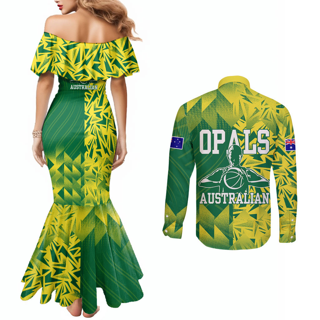 Australian Opals Basketball Couples Matching Mermaid Dress and Long Sleeve Button Shirt Geometric Tribal Pattern In Green And Gold Athletic Art